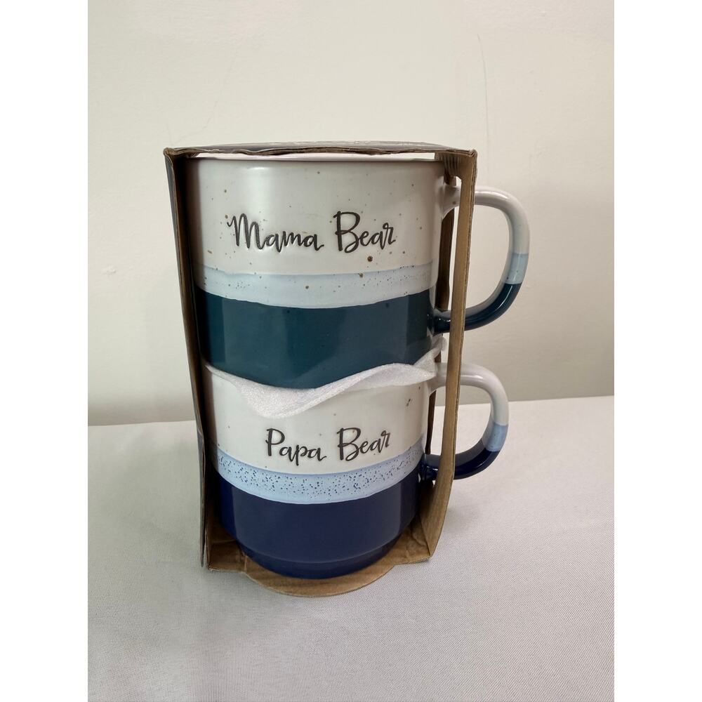 Belle Maison Mama Bear Papa Bear Stacking Mug Set Blue White Ceramic New Gift
